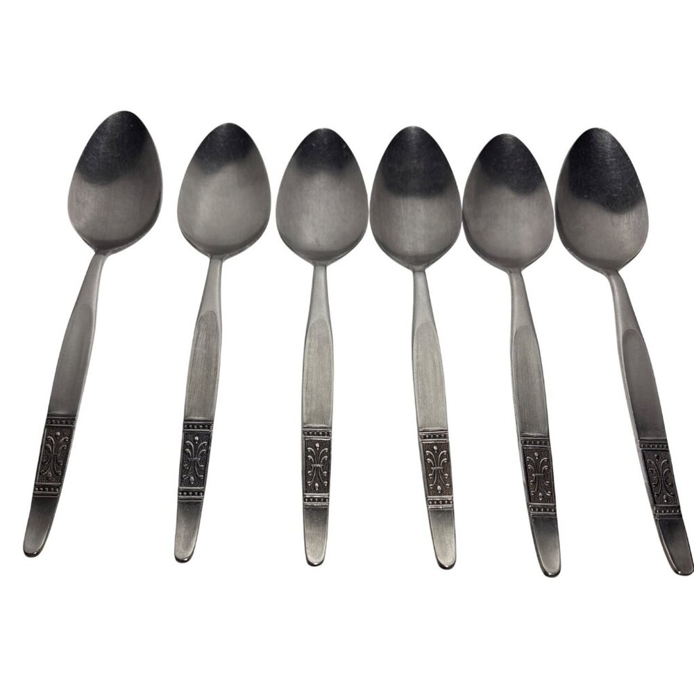 National Stainless Tablespoons Fleur-De-Lis Handle Design Japan 7" Set of 6 Vtg